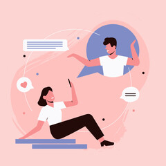People on date in online chat, internet communication concept vector illustration. Cartoon lover characters chatting in chat bubble, couple communicating, social media virtual conversation background