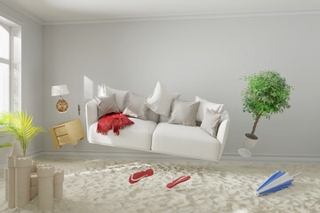 Schwebendes Sofa auf Sand Strand in Wohnzimmer