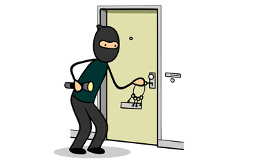 Cartoon Einbrecher an Tür mit Dietrich oder Nachschlüssel