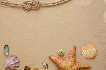 Seafood on a background of sand. Background about sea, ocean or tourism. About sailors, captains,...