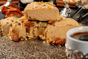 Close up photo of halva dessert on silver plate