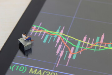 Simple Conceptual Photo, illustration for Gambler Investor Mini Figure Toy businessman Sadly watching Graphic Candle Light Stick, Sitting at Big Plastic Dice