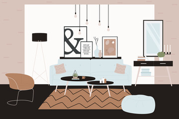 Stylish comfy furniture and home decorations in Scandinavian hygge style vector illustration. Cartoon trendy furnished living room interior home apartment with cozy sofa, comfy furniture background