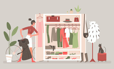 Home wardrobe room for clothes vector illustration. Cartoon woman standing at open cabinet with dresses and clothing hanging and lying on shelves, storage organization of clothes system background