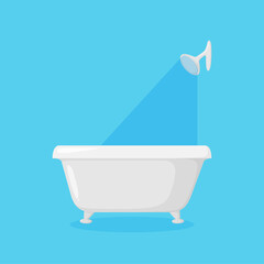 Bathtub for bathroom with shower anf falling water. White modern tub isolated in blue background. Vector illustration in cartoon style