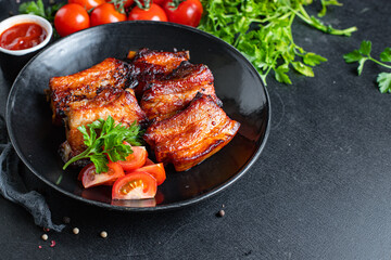 meat ribs piece grilled BBQ spice sauce second course snack ready to eat on the table meal top view copy space for text food background rustic