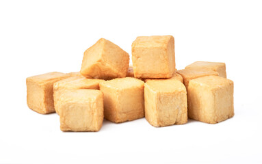 close-up of a pile of diced fish tofu isolated white background with clipping path