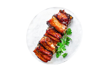 meat ribs piece grilled BBQ spice sauce second course snack ready to eat on the table meal top view copy space for text food background rustic