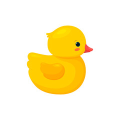 Rubber duck isolated in white background. Side view of yellow plastic duck toy. Vector illustration in cartoon style