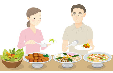 ビュッフェで料理を取る人