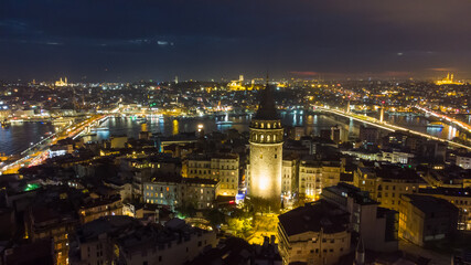 Fototapeta na wymiar Turkey's largest city at dawn. Aerial view of Galata tower in Istanbul, Turkie. European part of the city.