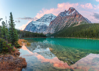 Sunrise at Edith Cavell Lake in Jasper National Park of Canada, Alberta