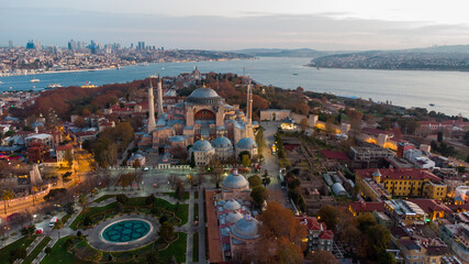 Turkey's largest city at dawn. Aerial view of Hagia Sophia mosque and view of Istanbul