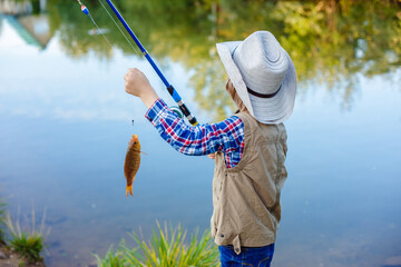 Child is fishing. Boy is a fisherman. Child with a fishing rod caught a fish in a pond. Nice catch!