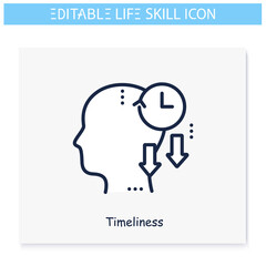 Timeliness line icon. Time management skill. Personality strengths and characteristics.Soft skills concept. Human resources management. Self improvement. Isolated vector illustration.Editable stroke 