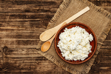 Organic homemade cottage cheese or curd in bowl