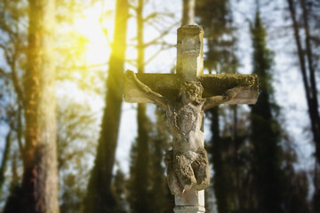 Antique statue of death and resurrection of Jesus of Nazareth - Jesus Christ. Ancient statue in...