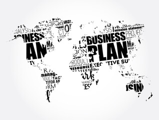 Fototapeta na wymiar Business Plan word cloud in shape of world map, business concept background