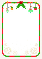 Obraz premium Frame decorated with Christmas ornaments and holly berries. Christmas celebration vector background illustration.