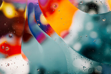 Close-up of the movement of oil droplets on the water surface. Colorful abstract macro background of oil drops on the water surface.