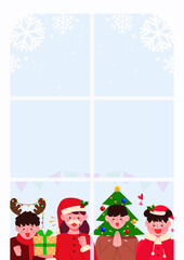 Party people in Christmas costumes are looking out the snowy window. Christmas celebratory vector illustration background.