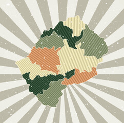 Lesotho vintage map. Grunge poster with map of the country in retro color palette. Shape of Lesotho with sunburst rays background. Vector illustration.