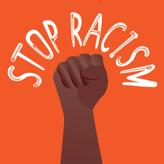 African people fist isolated as protest concept, black life matters, flat vector stock illustration with text Stop racism