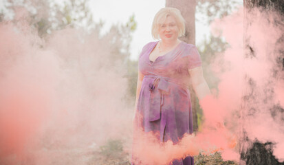 Nice plump lady portrait, lifestyle elegant woman, American chubby woman with a colorful bomb...