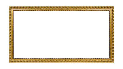 Wooden frame for paintings with gold patina. Isolated on white