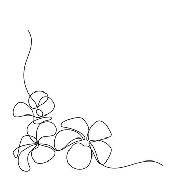 Plumeria flowers in continuous line art drawing style. Corner border  with fragrant tropical plumeria (frangipani, jasmine) flowers. Minimalist black linear sketch isolated on white background