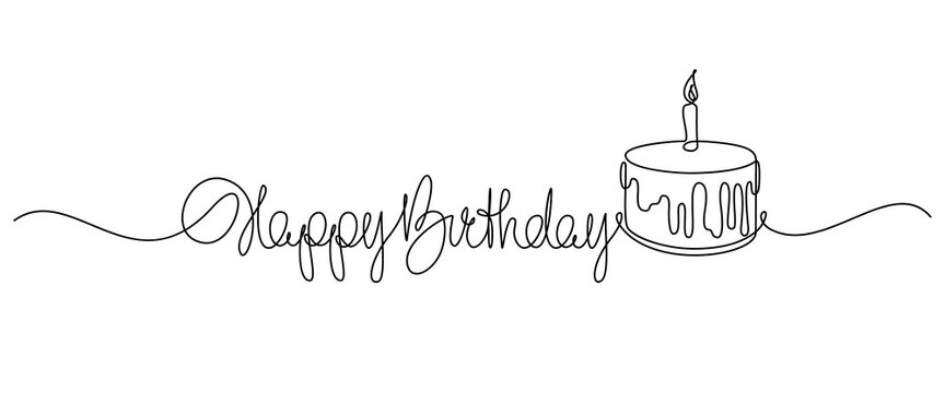 Happy Birthday handwritten lettering with traditional birthday cake. Continuous line drawing design. Vector illustration