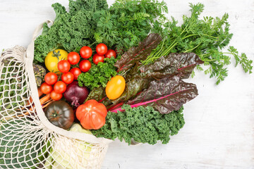 Eco shopping concept, vegetables broccoli cauliflower carrots tomatoes kale pak choy onions chard in net bag close up. Healthy local farm produce on white wooden table, top view, selective focus