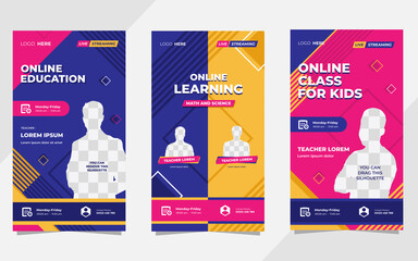 Set of social media stories post template for Online Education, Online class program, Courses and other E-Learning. with Memphis style and, Pink, Purple, Orange color background