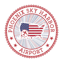 Phoenix Sky Harbor Airport stamp. Airport logo vector illustration. Phoenix airport with country flag.