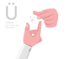 The letter 'Ü. Turkish handicapped hand alphabet letter Ü. Disabled hand. Hand tongue. Learning the alphabet, non-verbal deaf-dumb communication, expression gestures vector.