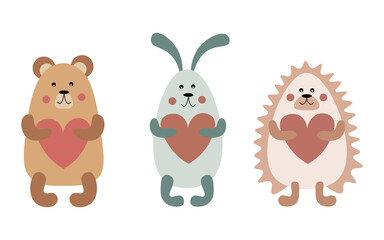 Woodland animals set in boho colors. Valentine's day. Baby shower. Baby bear, bunny and hedgehog hold hearts in their paws. 