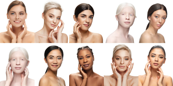 Multi-ethnic beauty. Different ethnicity, 7 beautiful young women with heterochromia on white background. Flyer for ad. Concept of beauty, fashion, healthcare, skincare. Interracial and