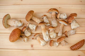 Mushrooms on a wooden background. Boiled mushroom on a cutting board. Healthy vegetarian food. Cooking mushroom soup.