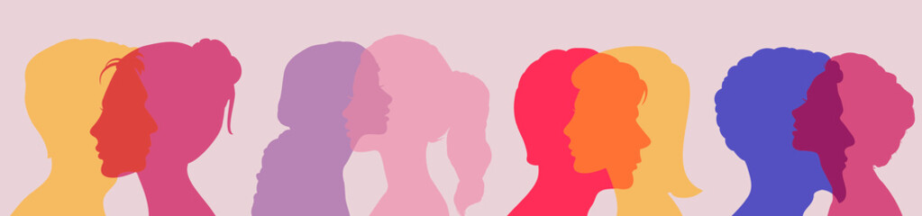 Diversity multi-ethnic and multiracial people. Silhouette profile group of men and women of diverse culture. Concept of racial equality and anti-racism. Multicultural society. Friendship