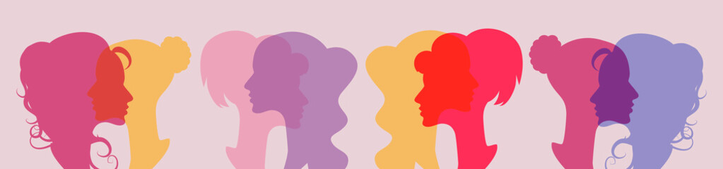 Silhouette group of multichannel women who talk and share ideas and information. Women social network community. Communication and friendship between women or girls of diverse cultures.