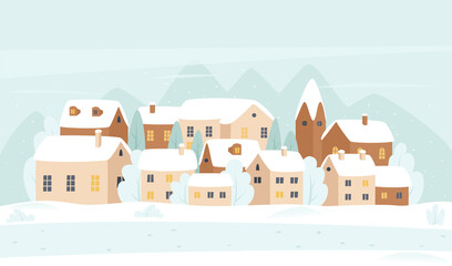 Winter village, snow Christmas town cutr cartoon landscape vector illustration