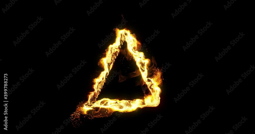 Poster triangle on fire. flames and explosions moving along shape. isolated on black background. 3d render