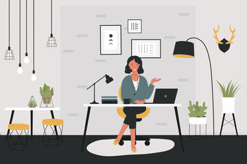 Woman freelancer working at home vector illustration. Cartoon happy young girl worker character sitting at table with laptop in hygge home apartment interior, daily freelance work concept background