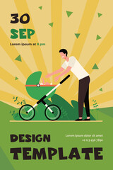 Happy new father walking with baby. Man reaching arms to stroller with kid flat vector illustration. New parent, fatherhood, parenthood concept for banner, website design or landing web page