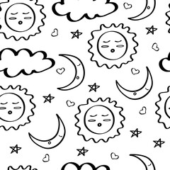 Good night doodle pattern. Time to go to bed. Seamless background with sleeping month and sun, clouds and stars. Black outline on a white background. For fabric, wallpaper, and children's textiles