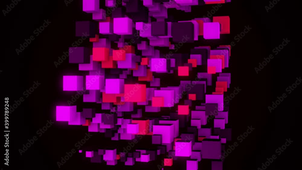 Poster turning 3d cubes on black background, seamless loop. animation. pink and red small cubes rotating an
