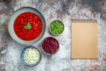 top view delicious borsch ukrainian beet soup with fresh cabbage and greens on a white background photo color meal cabbage dish