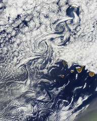 Cloud vortices off Madeira and Canary Islands. Hurricane on Earth View from outer space. Elements...