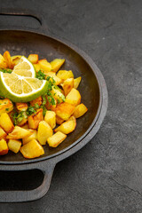 front view tasty fried potatoes inside pan with lemon slices on the dark background photo food cuisine meal color