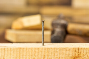 Close-up of a single nail stuck in a wooden board